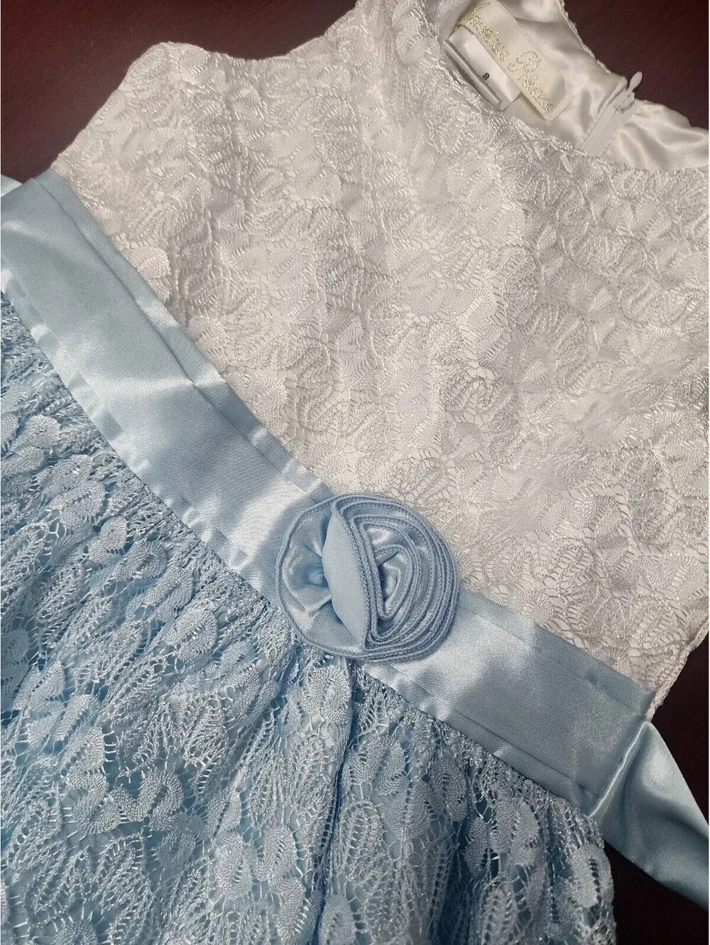 American Princess Girls' Size 8 White and Light Blue Lace Dress with Satin Sash